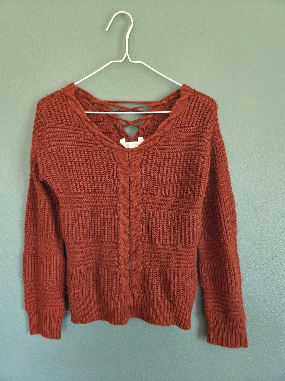 Rust Cable Knit V-Neck Sweater with Back Straps